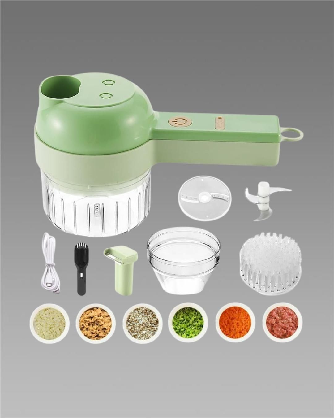 4-in-1 Portable Electric Vegetable Cutter – Chop, Slice, Grate & Mince in Seconds!