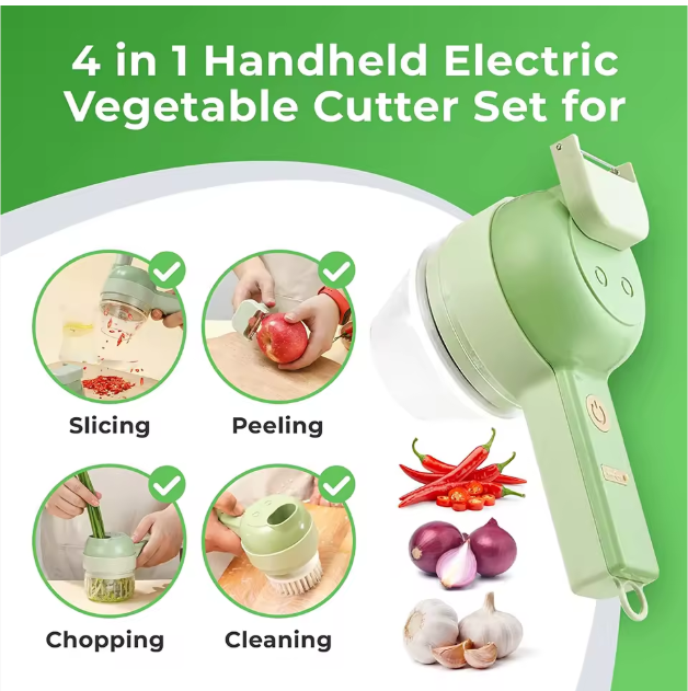 Choprino- 4 in 1 Portable Electric Vegetable Cutter Set-– Chop, Slice, Grate & Mince in Seconds!